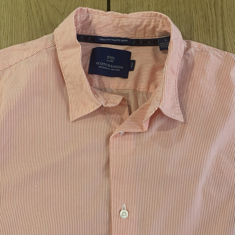 Scotch & Soda‎ Slim Fit Dress Shirt Button Down Peach Striped Stretch Men's L